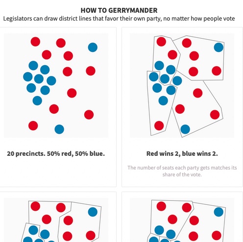 Thumbnail preview of graphics showing different ways to draw political districts that lead to different partisan makeups of legislatures Thumbnail preview of graphics showing different ways to draw political districts that lead to different partisan makeups of legislatures
